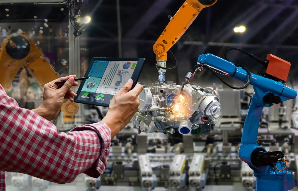 Ingenieur Touchscreen-Steuerung Roboter die Produktion von Werksteilen